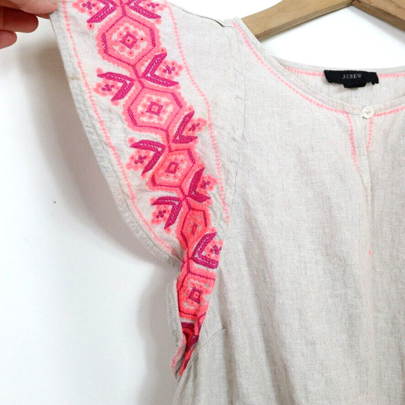 J Crew Size M Embroidered Linen Flutter Sleeve Top Cream Pink Orange - Picture 5 of 9